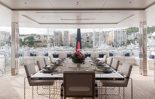 Overview of alfresco dining option onboard charter yacht RESILIENCE