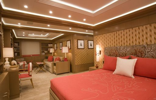 Coral-coloured guest stateroom on board charter yacht ALFA NERO