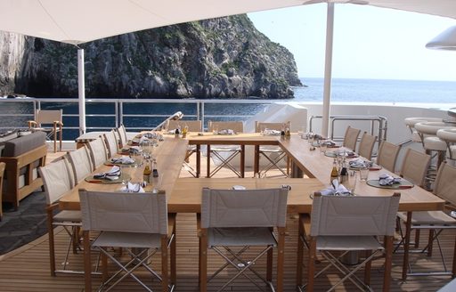 square alfresco dining on sundeck of charter yacht TV