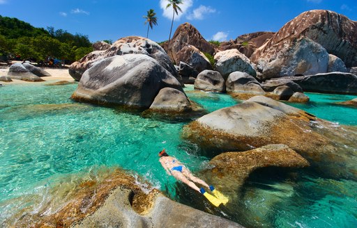woman snorkells on the shore of the virgin islands