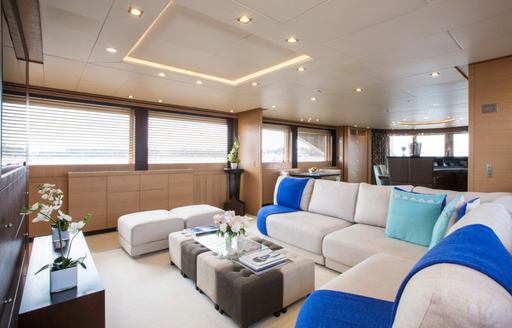 L-shaped sofa and widescreen TV in the main salon aboard luxury yacht Midnight Sun
