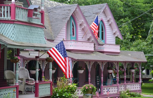 Pink gingerbread house with US flag in Martha's Vineyard, New England