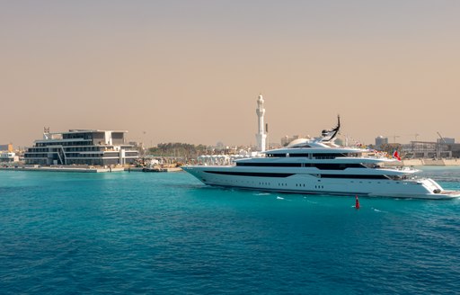 Charter yacht O'PARI cruises into the Jeddah Marina, Saudi Arabia