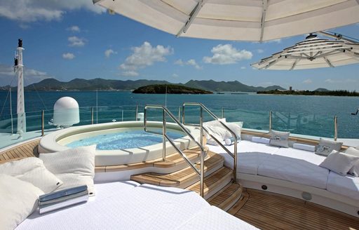 Jacuzzi, sun pads and awnings on sundeck of motor yacht ‘Lady Luck’ 
