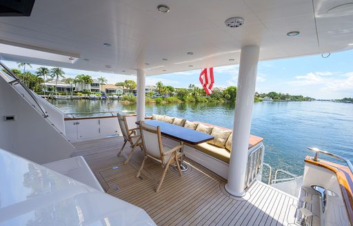 Overview of the aft main deck onboard charter yacht NEXT CHAPTER, with an alfresco dining and seating area