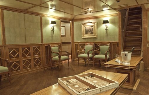 games area in dining salon aboard classic yacht CREOLE 