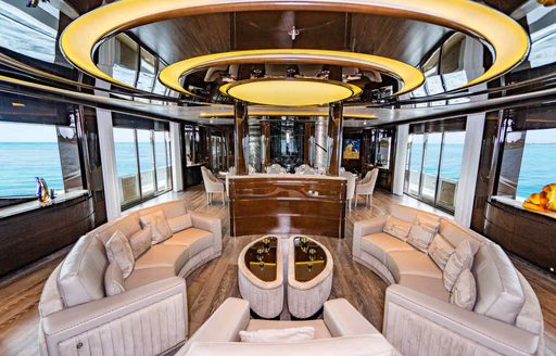 Main salon onboard charter yacht BABAS, spacious lounge area surrounded by windows