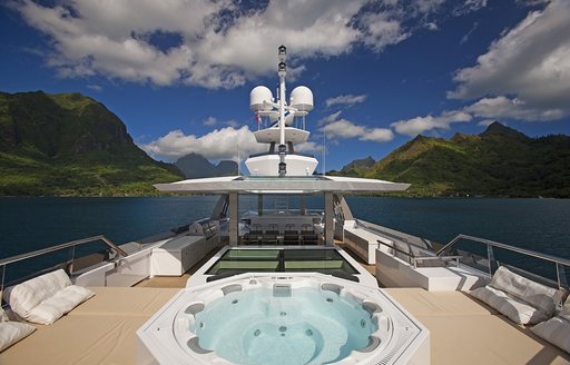 Jacuzzi and sun pads on sundeck of luxury yacht ‘Big Fish’ 