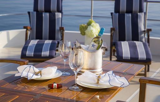 Sun loungers on the sundeck of luxury yacht NORDFJORD
