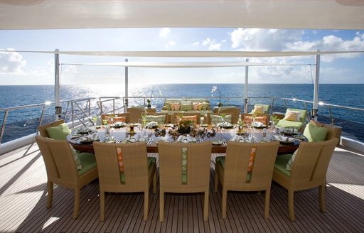 gorgeous upper aft deck alfresco dining area on board motor yacht ‘Lady Sheridan’