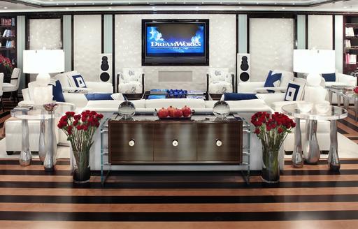 Sophisticated lounge area in main salon of luxury yacht Alfa Nero