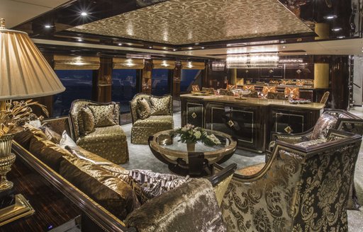 opulent lounge area in main salon of luxury yacht Lady Bee