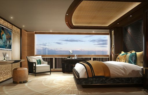 A guest cabin onboard charter yacht KISMET, central berth facing port with large window in the background