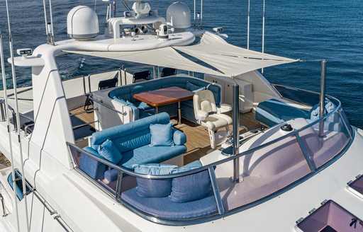 Overview of the flybridge onboard charter yacht ALMOST THERE, with a helm and exterior seating arrangements