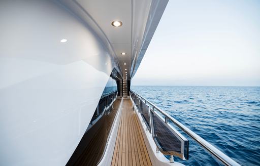 Walkaround side deck onboard charter yacht OPTIMISM, with views of the sea to starboard