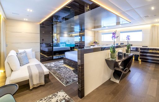 superyacht PETRATARA luxury master suite accommodation, with side lounging area