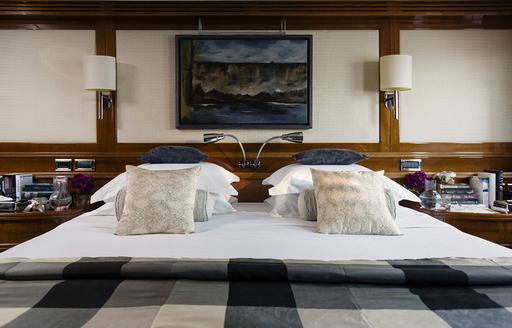 close up of bed in master suite of charter yacht Metsuyan IV 
