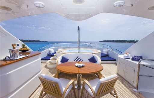 bar, table and Jacuzzi on the sundeck of motor yacht SEABLUE’Z