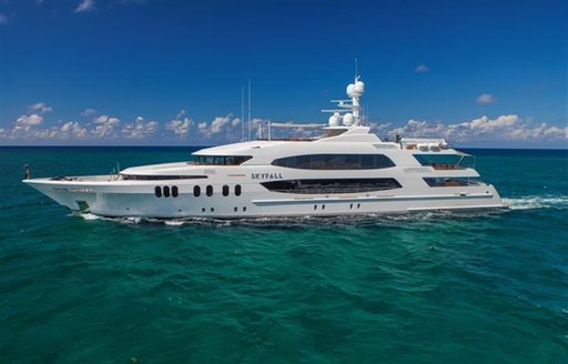 Luxury yacht SKYFALL amidst blue waters