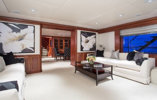 Charter yacht RHINO's salon is now elegant and contemporary