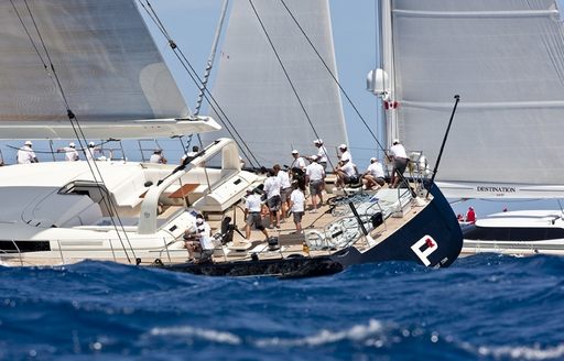 all hands on deck on board sailing yacht P2 while competiting in regatta
