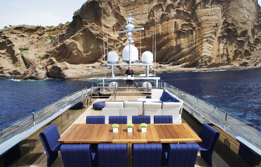 Sun deck area with dining al fresco aboard luxury yacht BLADE
