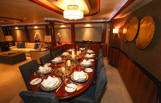 Dining room for charter guests on board ARIOSO