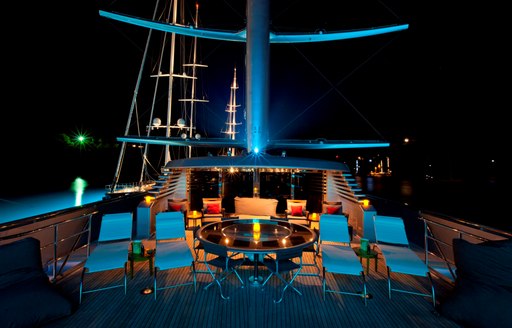 seating set up on upper deck of luxury yacht ‘Maltese Falcon’ 