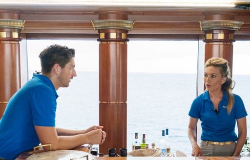 Kate Chastain and Josiah Carter, of Below Deck hit TV series Below Deck, talking during season 6 on charter in Tahiti