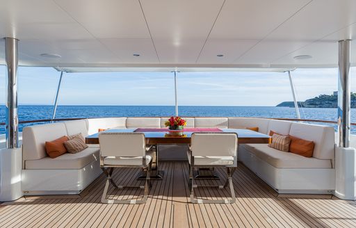 chic seating area on main deck aft of charter yacht GO