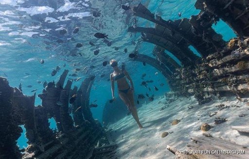 Woman surrounded by fish underwater in between the walls of ruins 