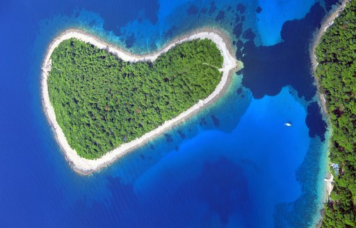Overhead view of heart-shaped Murtar Island in Croatia