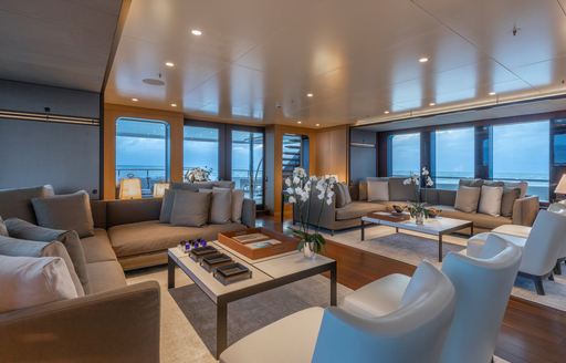 Interior lounge area onboard charter yacht HALO