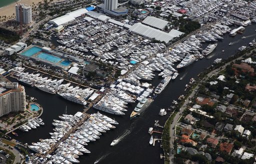 Aerial view of luxury yachts at the FLIBS show