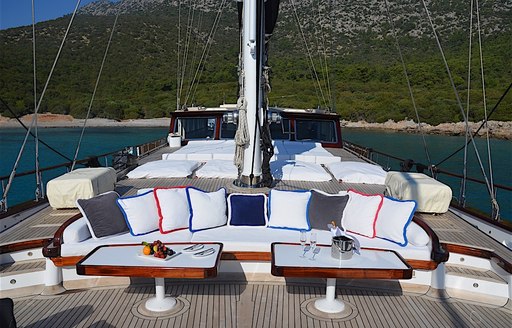 Lounging area on foredeck of charter yacht That’s Life
