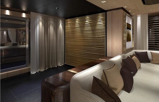 rendering of full-length windows in main salon aboard luxury yacht VERTIGE