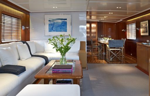 modern main salon with original fittings aboard charter yacht ‘Heavenly Daze’