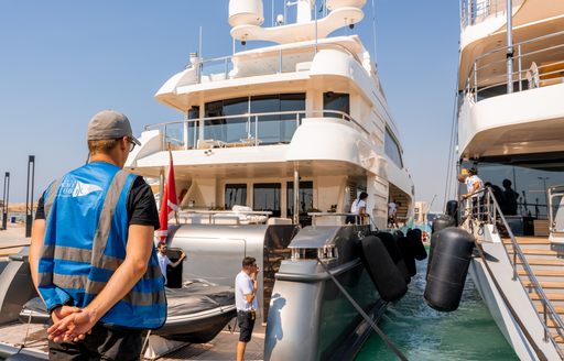 A yacht berths at Jeddah marina in Saudi Arabia