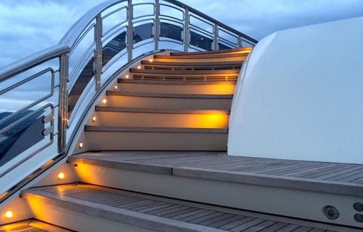 Close up of transom steps on board luxury yacht Alfa Nero
