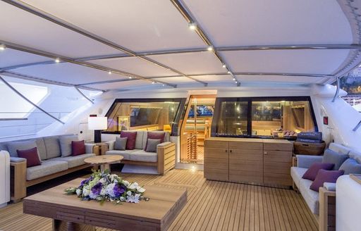 cockpit aboard luxury yacht ‘State of Grace’ set up for lounging