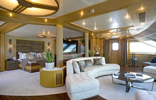 sleeping quarters and salon in master suite aboard luxury yacht ‘Indian Empress’ 