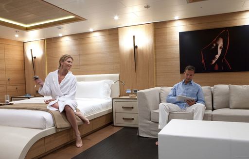 guests in master suite on board expedition yacht SPIRIT 