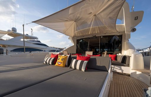 Overview of sun pads and cushions onboard charter yacht SMILE