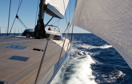 close up of foredeck and sails when luxury yacht SARISSA is underway on charter
