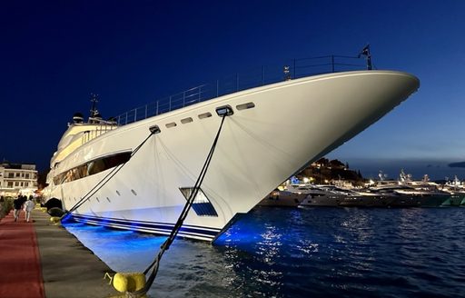 Charter yacht O'PARI berthed at the Mediterranean Yacht Show (MEDYS) at night