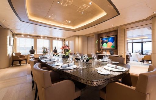 dining salon with Japanese lacquer table aboard motor yacht RoMEA 