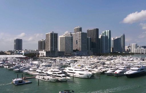 500 yachts lined up at One Herald Plaza in Downtown Miami for the Miami Yacht Show 2019 