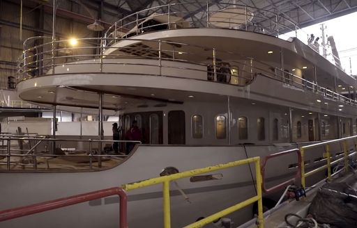 The aft deck section of superyacht SHERAKHAN seen inside the ICON shipyard