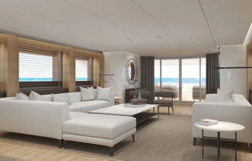 Interior lounge rendering onboard charter yacht MAESTRO, with white corner seating and full length windows in the background