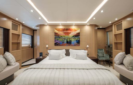 split-level master suite with oak panelling aboard superyacht Midnight Sun